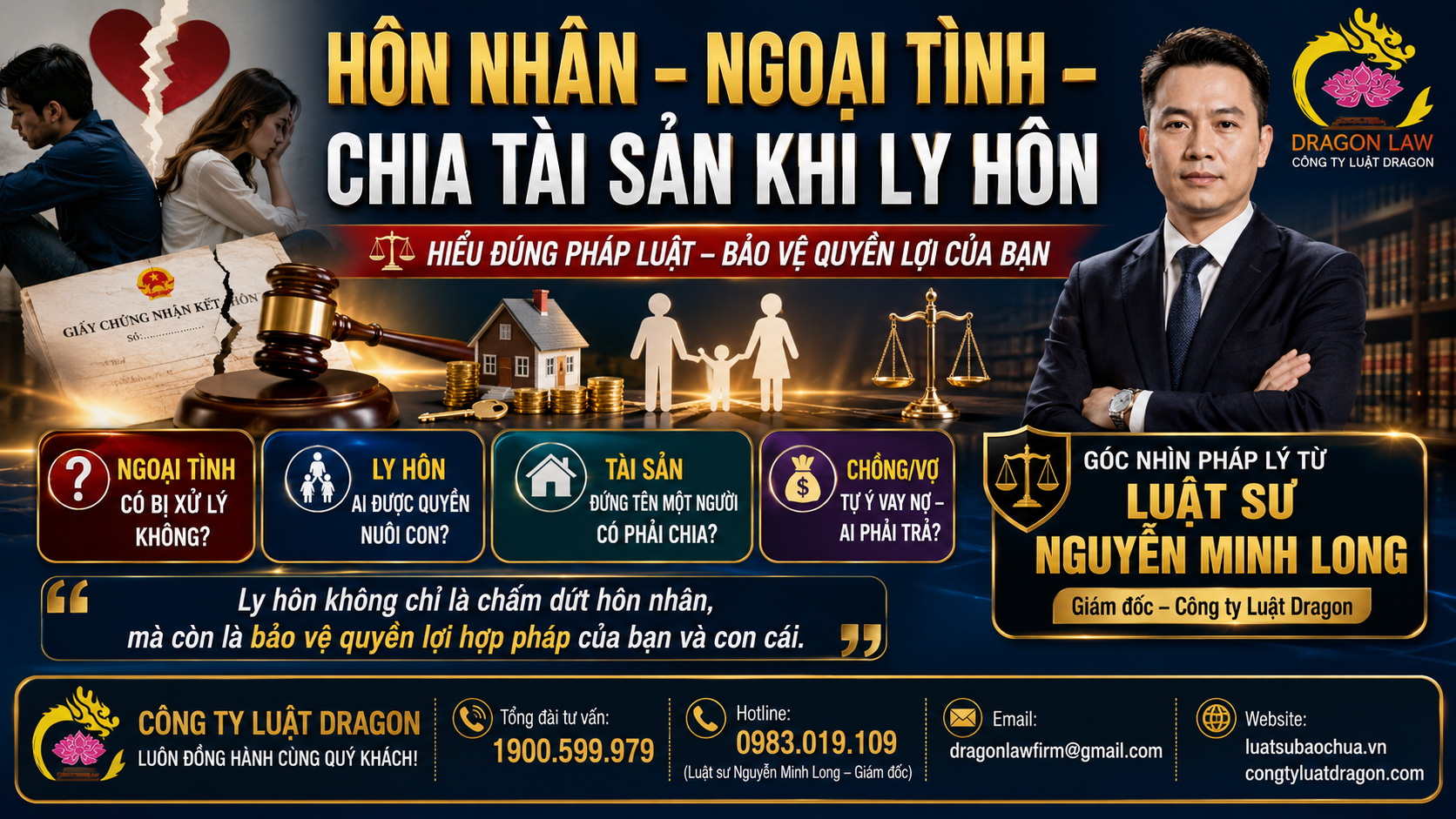 Ngoại tình, quyền nuôi con, chia tài sản và trách nhiệm trả nợ là những vấn đề pháp lý phức tạp mà rất nhiều cặp vợ chồng phải đối mặt khi hôn nhân rạn nứt