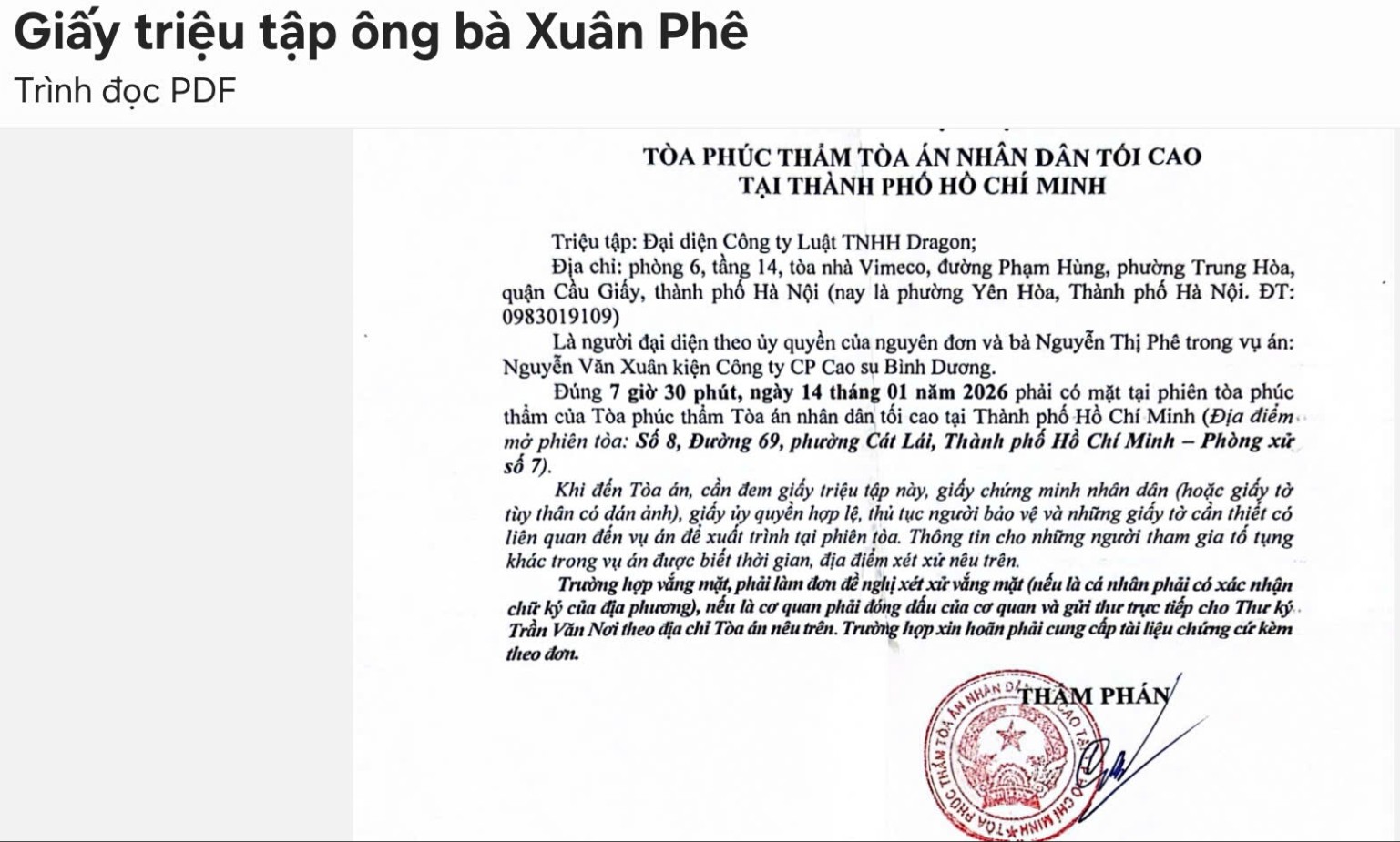Giấy triệu tập ông bà Xuân Phê